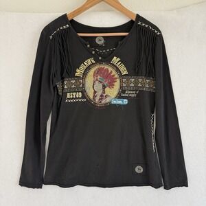 Double D Ranch Indian Native Chief L/S Shirt Medium Black Western HOLES READ